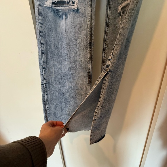 Risen Medium Wash High Waist, Straight-Side Slit Jeans, NWT, Distressed - Picture 5 of 8